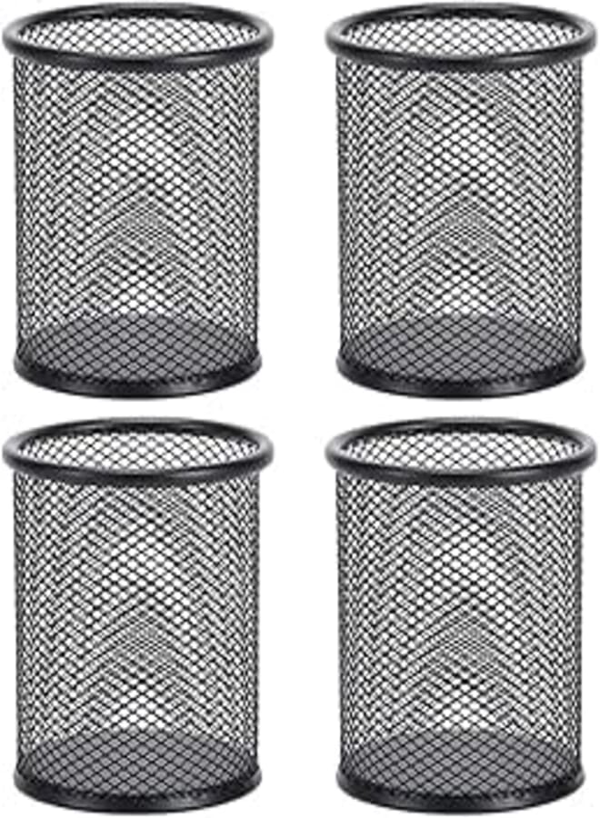 4 Packs Wire Mesh Pencil Holder Metal Pen Cup Desk Round Pen Organizer Case Pencil Jar Black Stationery Storage Container for Home Study Room Office Library School and Store (Black)